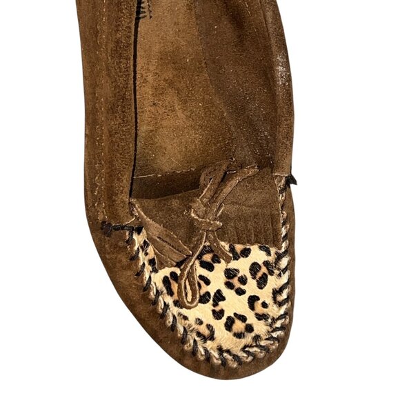 Minnetonka Womens Brown Suede Moccasins With Leopard Print Accent Size 9 - Picture 11 of 13